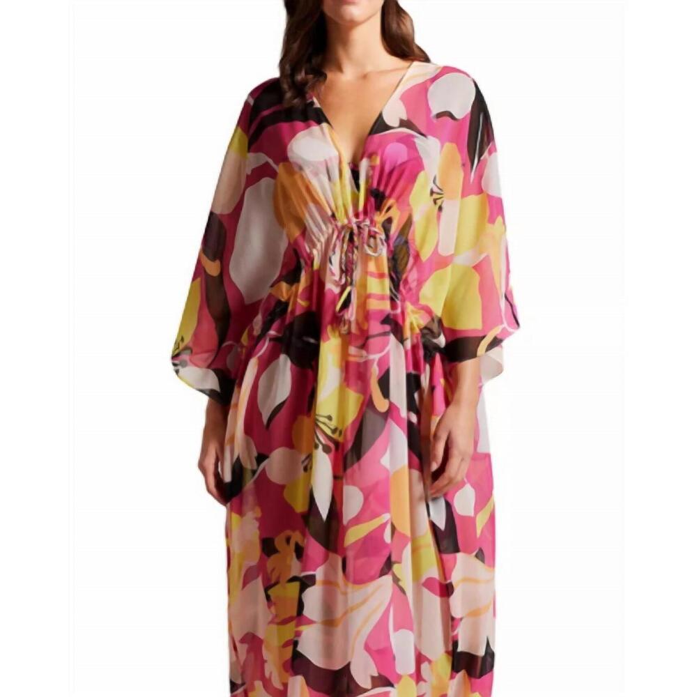 NEW TED BAKER lucenaa deep v-neckline swim cover-up in pink multi - Picture 3 of 3